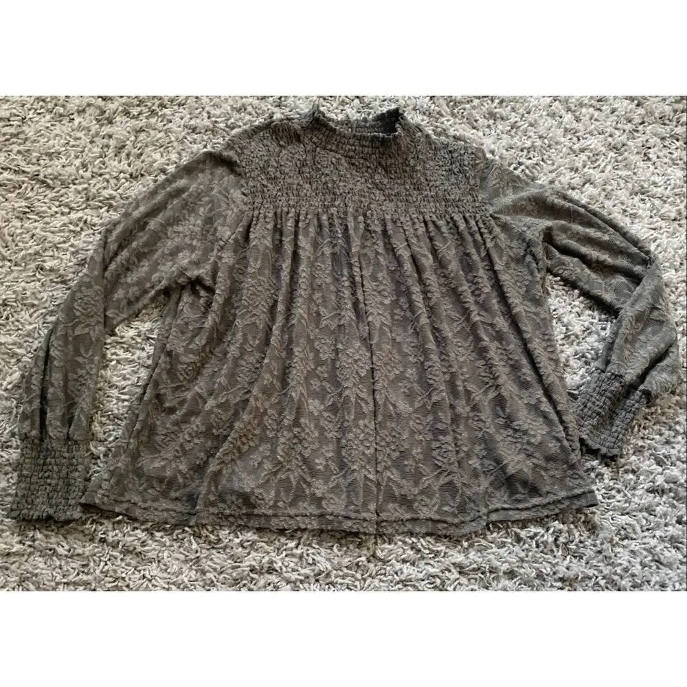 DELETTA Anthropologie Amanna Lace Smocked Olive Tunic Blouse Top sz L